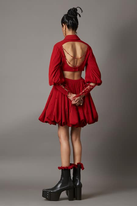 Quod_Red 100% Viscose Plain Solid Bubble Skirt_at_Aza_Fashions