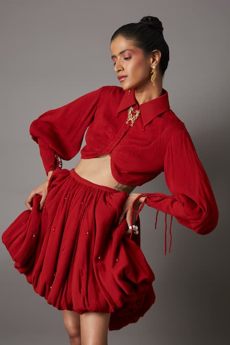 Shop_Quod_Red 100% Viscose Plain Solid Bubble Skirt