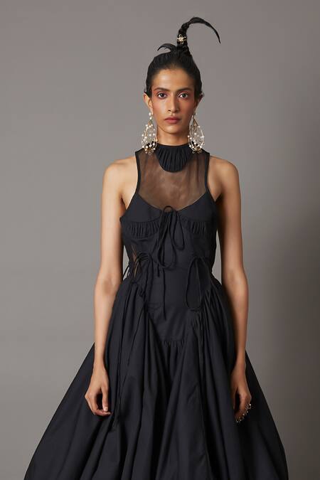 Quod_Black Cotton, Nylon High Neck Billow Side Cutout Panelled Dress_Online_at_Aza_Fashions