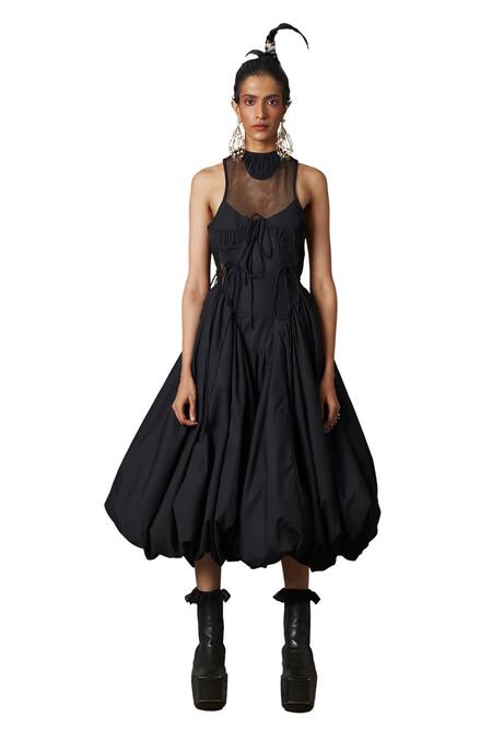 Buy_Quod_Black Cotton, Nylon High Neck Billow Side Cutout Panelled Dress_Online_at_Aza_Fashions