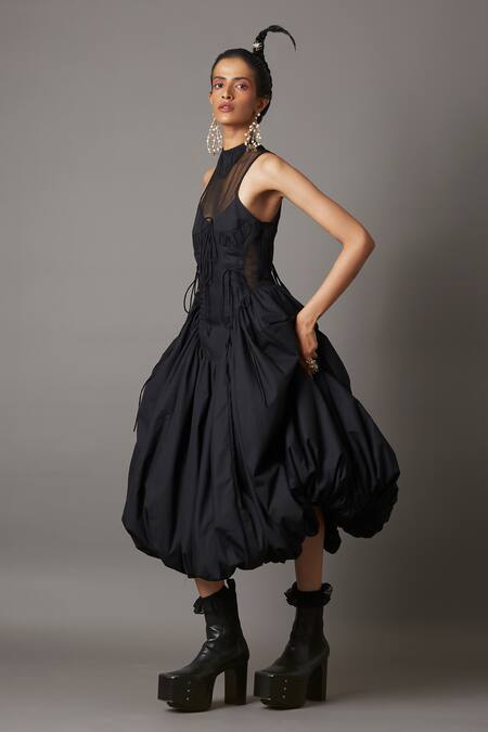 Shop_Quod_Black Cotton, Nylon High Neck Billow Side Cutout Panelled Dress_Online_at_Aza_Fashions