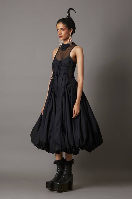 Quod_Black Cotton, Nylon High Neck Billow Side Cutout Panelled Dress_at_Aza_Fashions