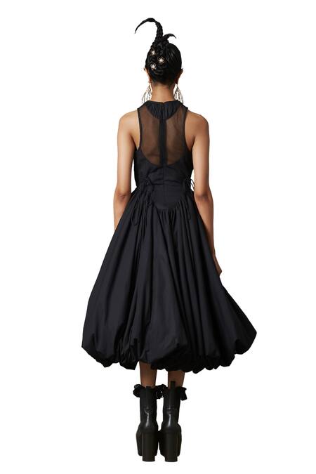 Buy_Quod_Black Cotton, Nylon High Neck Billow Side Cutout Panelled Dress