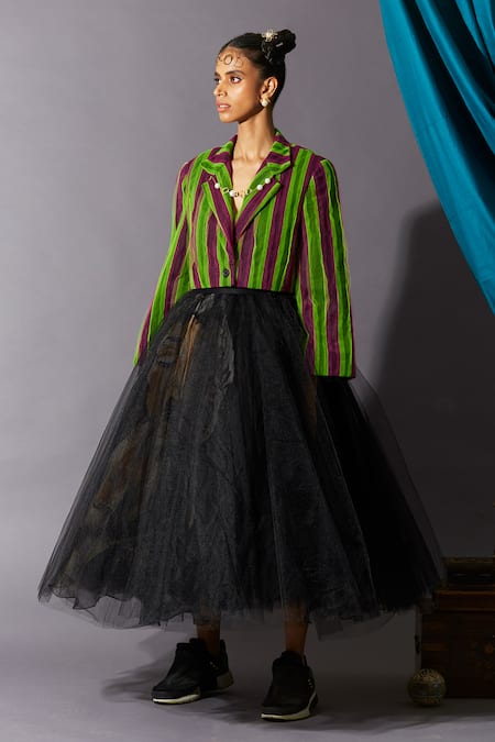 Quod Black 80% Nylon 20% Silk Printed Cereal Girl Layered Midi Skirt 