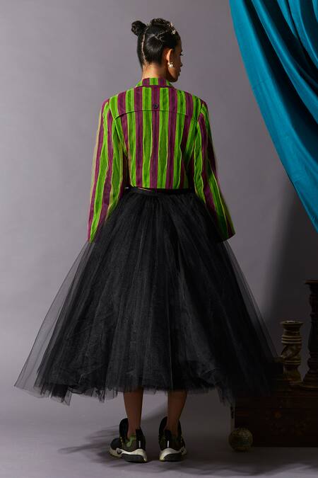 Shop QUOD Black 80% Nylon 20% Silk Printed Figurine Cereal Girl Layered Midi Skirt at Aza Fashions Shop_QUOD_Black 80% Nylon 20% Silk Printed Figurine Cereal Girl Layered Midi Skirt_at_Aza_Fashions