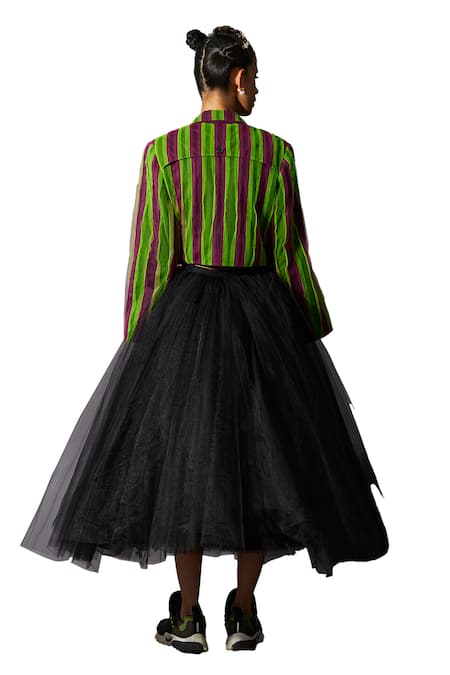 Buy Black 80% Nylon 20% Silk Printed Figurine Cereal Girl Layered