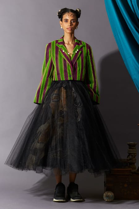 Buy QUOD Black 80% Nylon 20% Silk Printed Figurine Cereal Girl Layered Midi Skirt Online at Aza Fashions Buy_QUOD_Black 80% Nylon 20% Silk Printed Figurine Cereal Girl Layered Midi Skirt_Online_at_Aza_Fashions