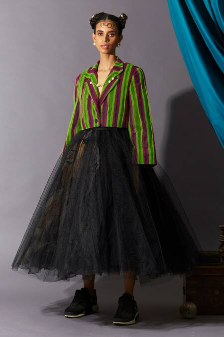 Shop QUOD Black 80% Nylon 20% Silk Printed Figurine Cereal Girl Layered Midi Skirt Online at Aza Fashions Shop_QUOD_Black 80% Nylon 20% Silk Printed Figurine Cereal Girl Layered Midi Skirt_Online_at_Aza_Fashions