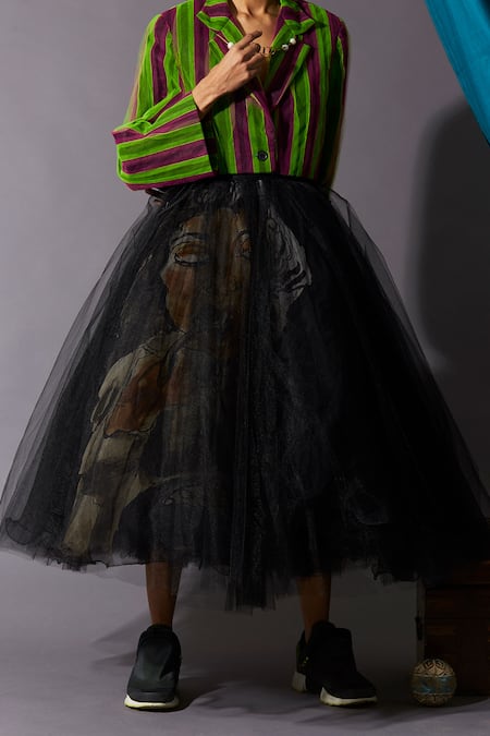 QUOD Black 80% Nylon 20% Silk Printed Figurine Cereal Girl Layered Midi Skirt at Aza Fashions QUOD_Black 80% Nylon 20% Silk Printed Figurine Cereal Girl Layered Midi Skirt_at_Aza_Fashions