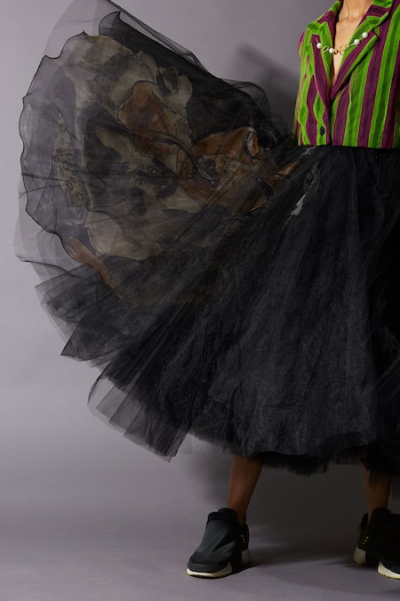 Buy QUOD Black 80% Nylon 20% Silk Printed Figurine Cereal Girl Layered Midi Skirt Buy_QUOD_Black 80% Nylon 20% Silk Printed Figurine Cereal Girl Layered Midi Skirt