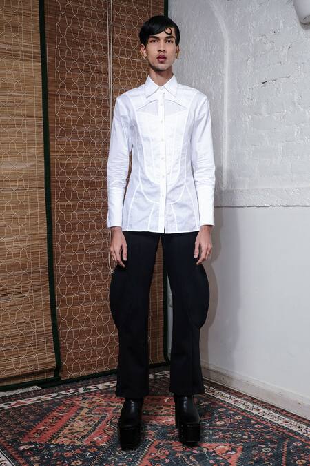 Quod_White 100% Cotton Solid Collared Chapel Front Panel Tape Detailed Shirt_Online_at_Aza_Fashions