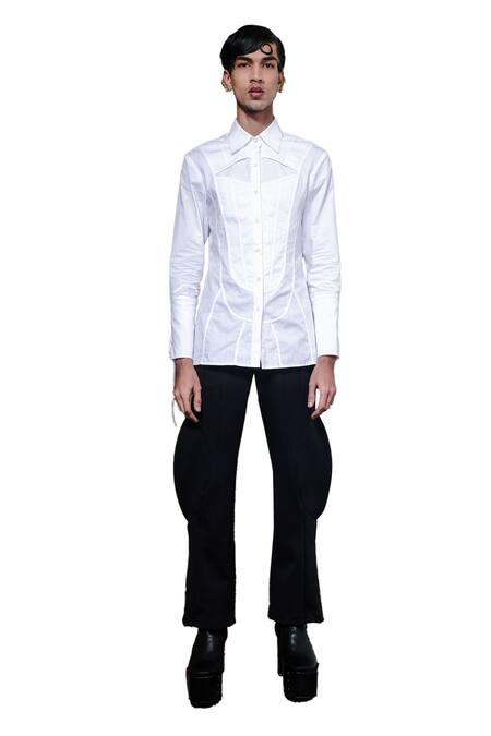 Buy_Quod_White 100% Cotton Solid Collared Chapel Front Panel Tape Detailed Shirt_Online_at_Aza_Fashions