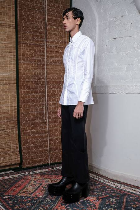 Shop_Quod_White 100% Cotton Solid Collared Chapel Front Panel Tape Detailed Shirt_Online_at_Aza_Fashions