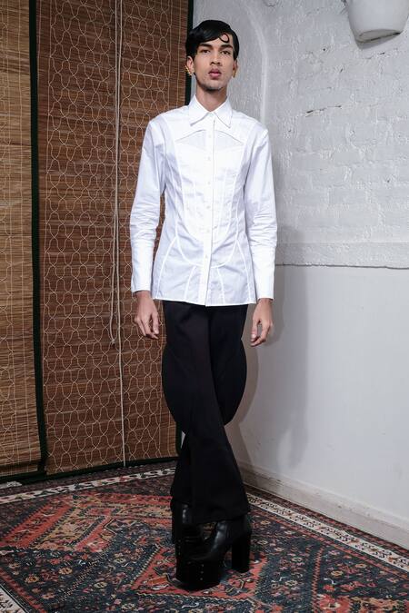 Buy_Quod_White 100% Cotton Solid Collared Chapel Front Panel Tape Detailed Shirt