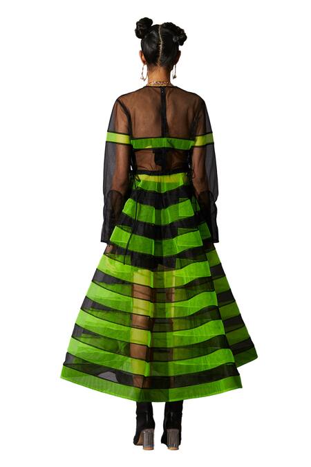 Quod_Black 100% Nylon Cross Round Equinox Stripe Pattern Sheer Midi Dress_Online_at_Aza_Fashions