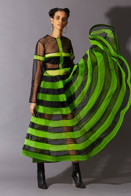 Shop_Quod_Black 100% Nylon Cross Round Equinox Stripe Pattern Sheer Midi Dress_Online_at_Aza_Fashions