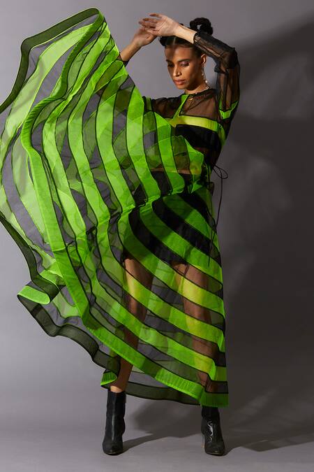 Quod_Black 100% Nylon Cross Round Equinox Stripe Pattern Sheer Midi Dress_at_Aza_Fashions