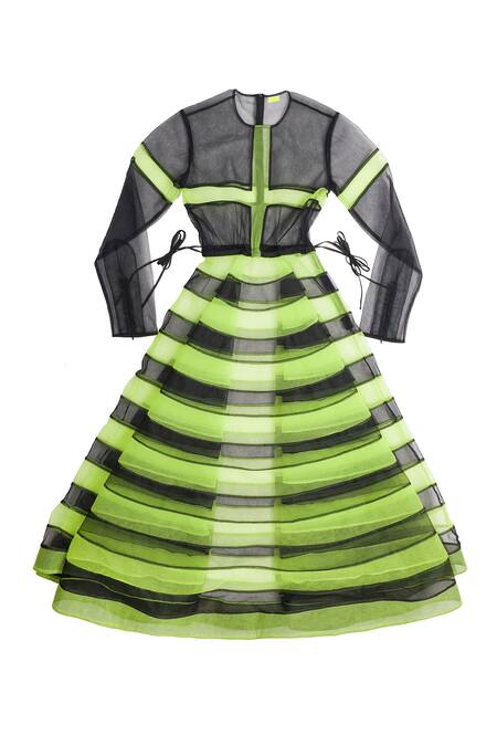 Buy_Quod_Black 100% Nylon Cross Round Equinox Stripe Pattern Sheer Midi Dress