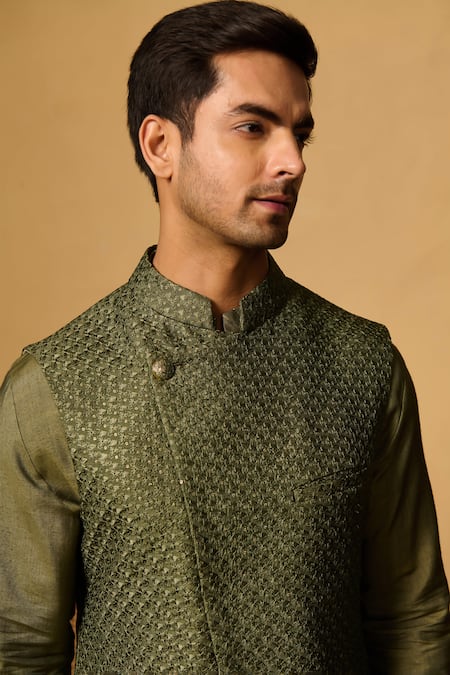 Philocaly Green , Satin Sequins, Embroidery Layered Bundi Kurta Set Online at Aza Fashions Philocaly_Green , Satin Sequins, Embroidery Layered Bundi Kurta Set _Online_at_Aza_Fashions