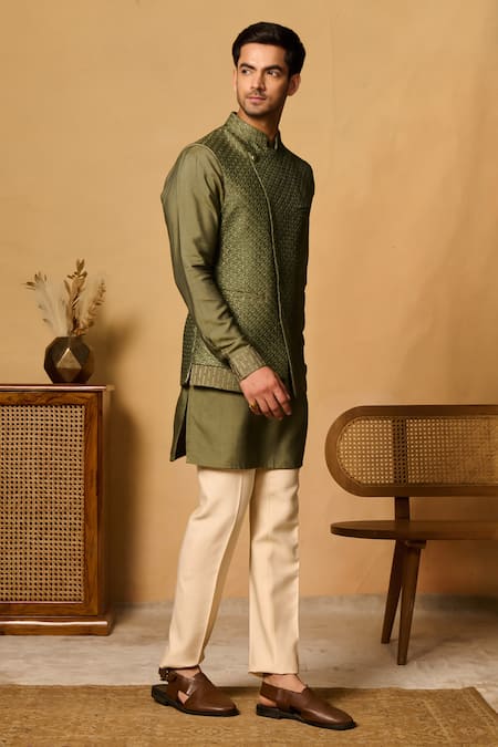 Shop Philocaly Green , Satin Sequins, Embroidery Layered Bundi Kurta Set Shop_Philocaly_Green , Satin Sequins, Embroidery Layered Bundi Kurta Set