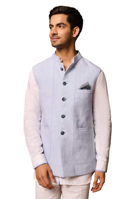 Philocaly Blue Linen Solid Bundi Online at Aza Fashions Philocaly_Blue Linen Solid Bundi _Online_at_Aza_Fashions