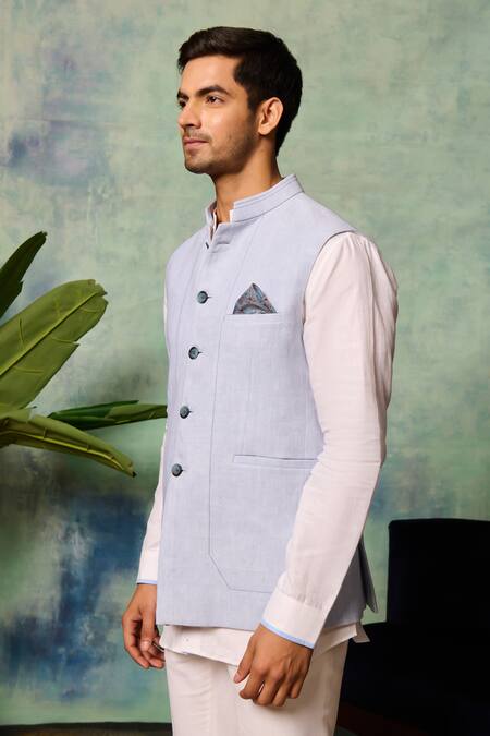 Buy Philocaly Blue Linen Solid Bundi Online at Aza Fashions Buy_Philocaly_Blue Linen Solid Bundi _Online_at_Aza_Fashions