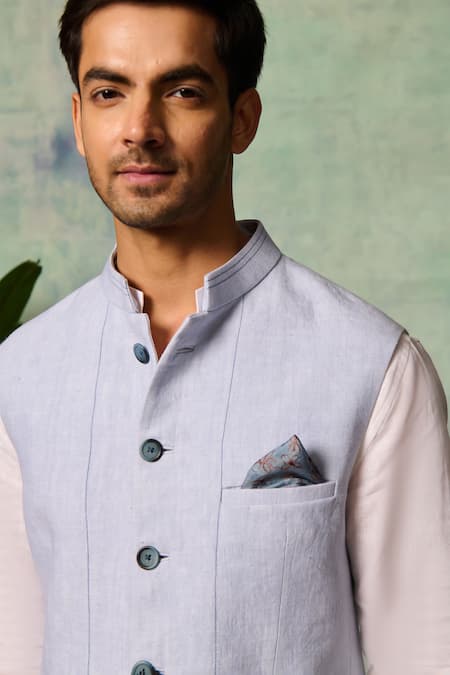 Philocaly Blue Linen Solid Bundi at Aza Fashions Philocaly_Blue Linen Solid Bundi _at_Aza_Fashions