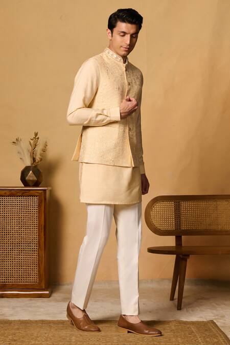 Shop Philocaly Yellow , Satin Beads, Sequins Floral Embroidered Bundi Kurta Set Online at Aza Fashions Shop_Philocaly_Yellow , Satin Beads, Sequins Floral Embroidered Bundi Kurta Set _Online_at_Aza_Fashions