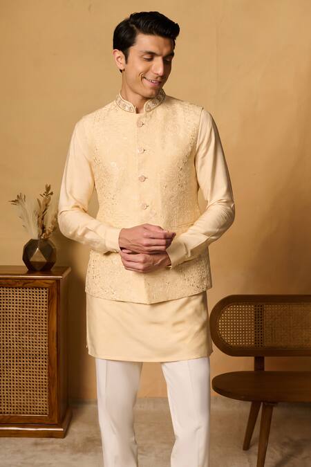 Philocaly Yellow , Satin Beads, Sequins Floral Embroidered Bundi Kurta Set at Aza Fashions Philocaly_Yellow , Satin Beads, Sequins Floral Embroidered Bundi Kurta Set _at_Aza_Fashions