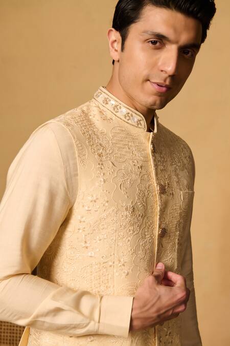 Buy Philocaly Yellow , Satin Beads, Sequins Floral Embroidered Bundi Kurta Set Buy_Philocaly_Yellow , Satin Beads, Sequins Floral Embroidered Bundi Kurta Set