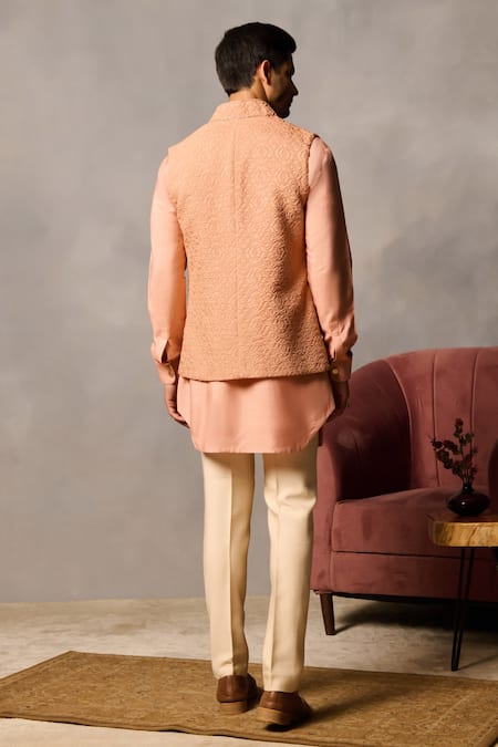 Shop Philocaly Peach Silk Embroidery Thread Kurta Set at Aza Fashions Shop_Philocaly_Peach Silk Embroidery Thread Kurta Set _at_Aza_Fashions