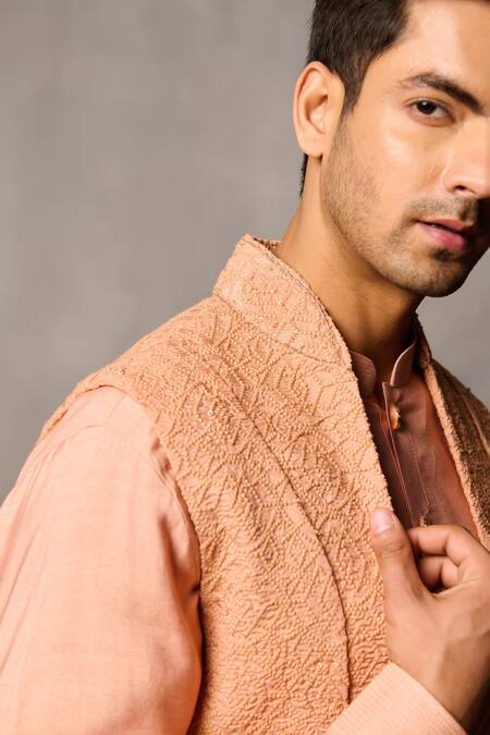 Shop Philocaly Peach Silk Embroidery Thread Kurta Set Online at Aza Fashions Shop_Philocaly_Peach Silk Embroidery Thread Kurta Set _Online_at_Aza_Fashions