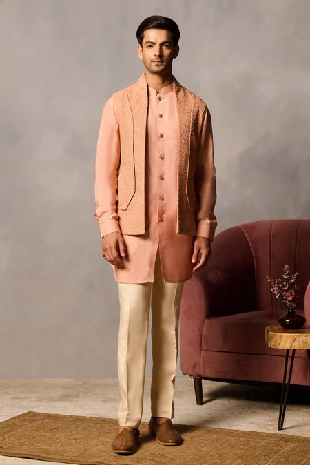 Philocaly Peach Silk Embroidery Thread Kurta Set at Aza Fashions Philocaly_Peach Silk Embroidery Thread Kurta Set _at_Aza_Fashions