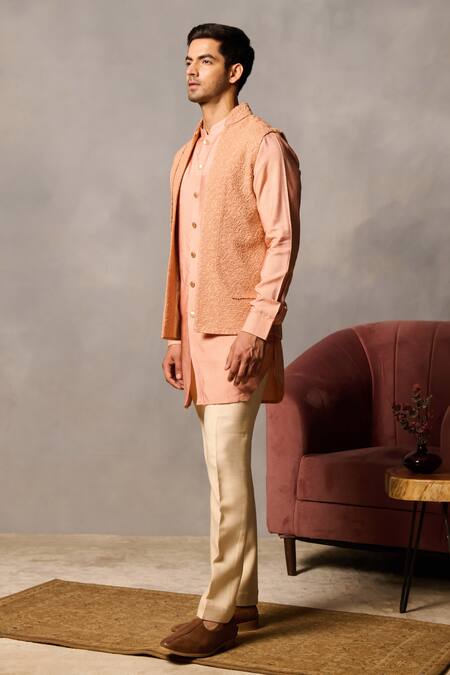 Shop Philocaly Peach Silk Embroidery Thread Kurta Set Shop_Philocaly_Peach Silk Embroidery Thread Kurta Set