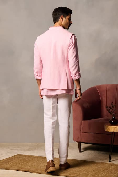 Shop_Philocaly_Pink Linen Embroidery Bundi With Running Stitch _at_Aza_Fashions