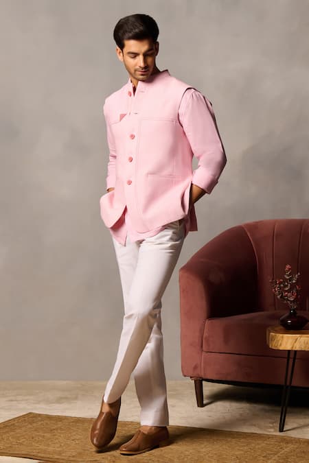 Philocaly_Pink Linen Embroidery Bundi With Running Stitch _Online_at_Aza_Fashions