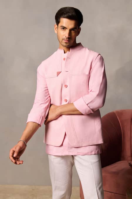 Buy_Philocaly_Pink Linen Embroidery Bundi With Running Stitch _Online_at_Aza_Fashions