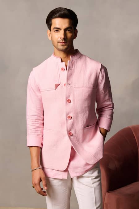 Shop_Philocaly_Pink Linen Embroidery Bundi With Running Stitch _Online_at_Aza_Fashions