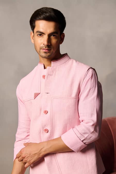Philocaly_Pink Linen Embroidery Bundi With Running Stitch _at_Aza_Fashions
