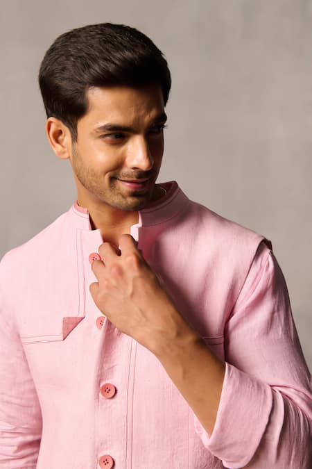 Shop_Philocaly_Pink Linen Embroidery Bundi With Running Stitch 