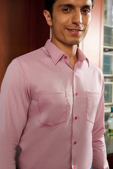 Philocaly_Pink Cotton Rover Patch Pocket Shirt _at_Aza_Fashions
