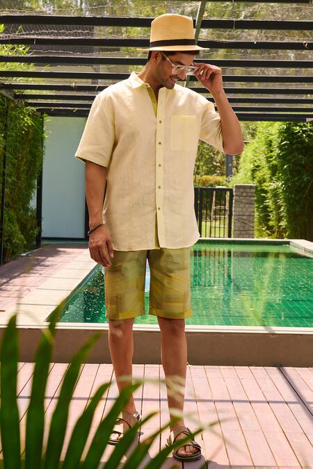 Philocaly_Green Linen Embroidery Zest Threadwork Shirt _Online_at_Aza_Fashions