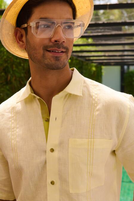 Shop_Philocaly_Green Linen Embroidery Zest Threadwork Shirt _Online_at_Aza_Fashions