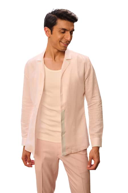 Philocaly_Pink Linen Cubano Plain Shirt _Online_at_Aza_Fashions