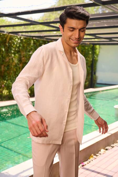 Buy_Philocaly_Pink Linen Cubano Plain Shirt _Online_at_Aza_Fashions