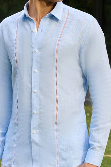 Philocaly_Blue Linen Lace Mellow Embellished Shirt_Online_at_Aza_Fashions