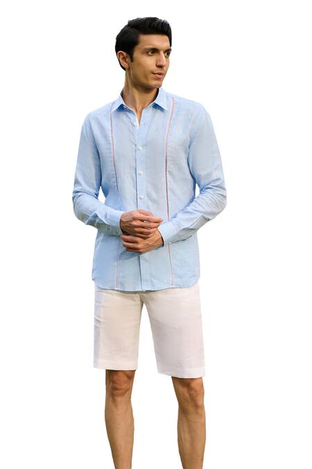 Shop_Philocaly_Blue Linen Lace Mellow Embellished Shirt_Online_at_Aza_Fashions