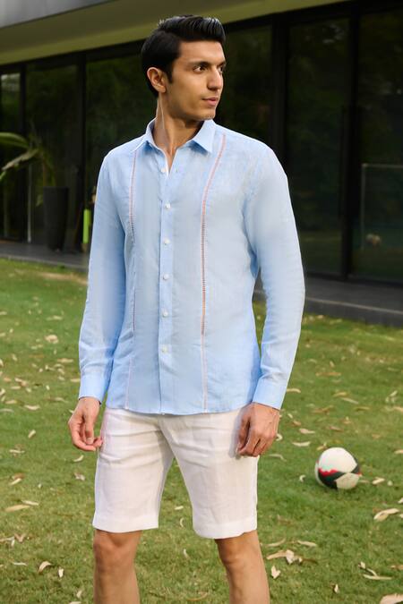 Philocaly_Blue Linen Lace Mellow Embellished Shirt_at_Aza_Fashions