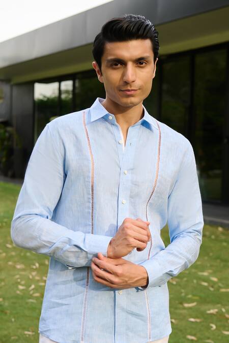 Buy_Philocaly_Blue Linen Lace Mellow Embellished Shirt