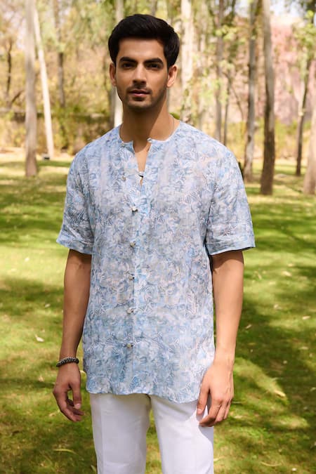 Shop Philocaly Blue Linen Sirocco Printed Shirt at Aza Fashions Shop_Philocaly_Blue Linen Sirocco Printed Shirt_at_Aza_Fashions